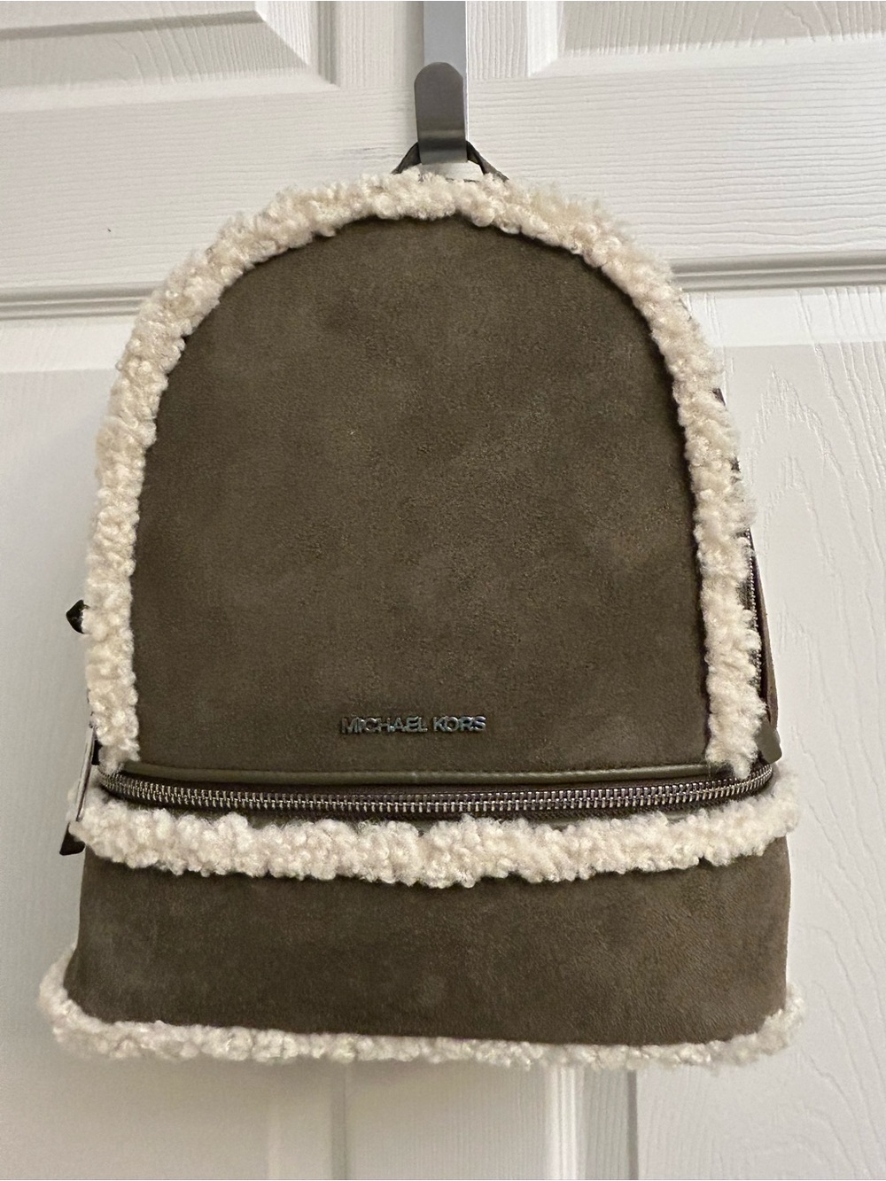 Michael Kors Olive Suede Backpack with Cream Faux Shearling Trim